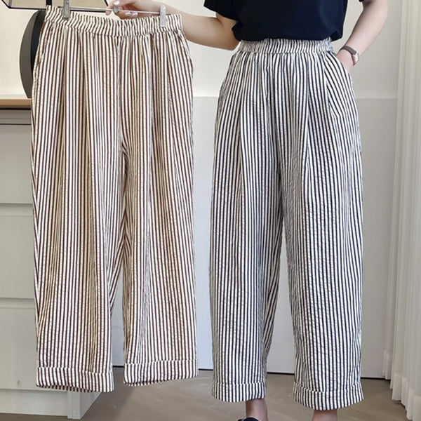 Elastic Waist Loose Vertical Stripes Casual Straight Pants