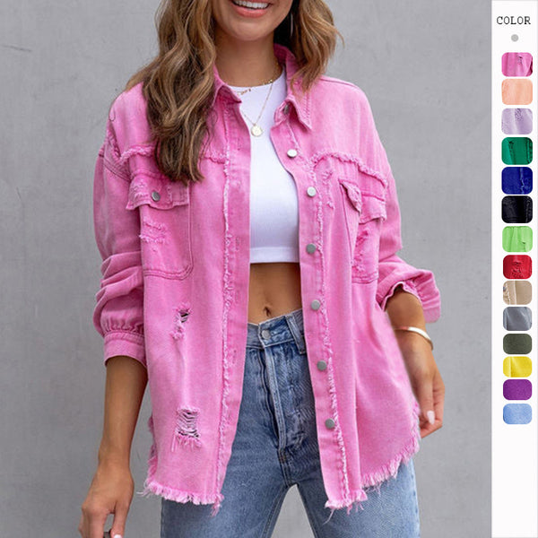 Autumn And Spring Ripped Shirt Jacket For Women