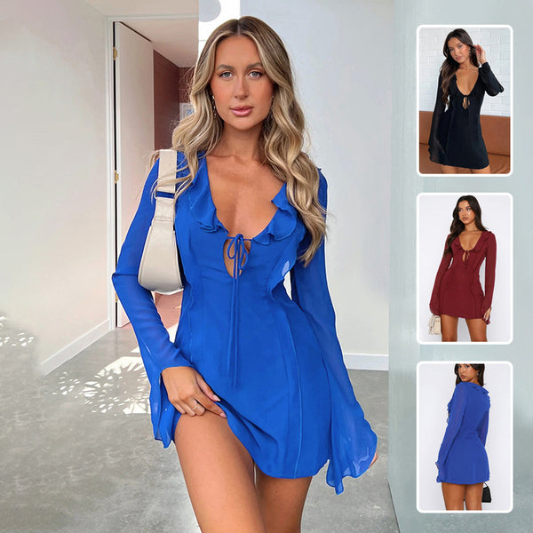 Sexy Ruffled V-neck Lace-up Long-sleeved Dress